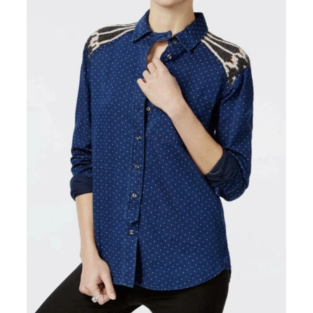 Free People Blue Polka Dot Western Button Down Festival Long Sleeve Flannel Top